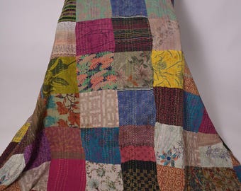 Silk Patchwork Kantha Quilt Indian Handmade Bed Cover Boho Bedspread Vintage Kantha Throw