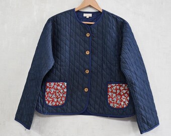 Chaqueta vaquera acolchada de diseñador para mujer, abrigo de manga larga, chaqueta india hecha a mano