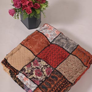 Patchwork Kantha Silk Floor Cushion: Bohemian Window Seat Pillow