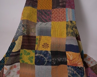 Indian Silk Quilt Kantha Patchwork Bedcover Multicolor Bedspread Kantha Throw