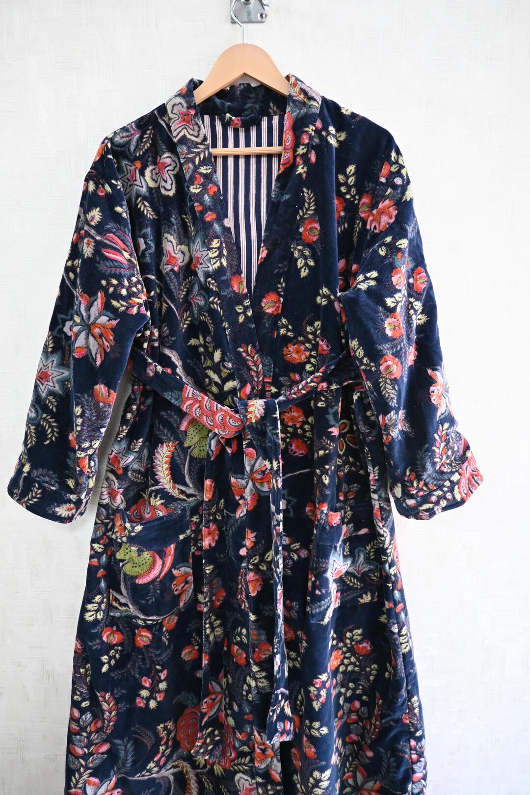 Blue Patterned Robe Blue Floral Print Kimono Robe Velvet Bridal Robe Long Dressing Gown ...