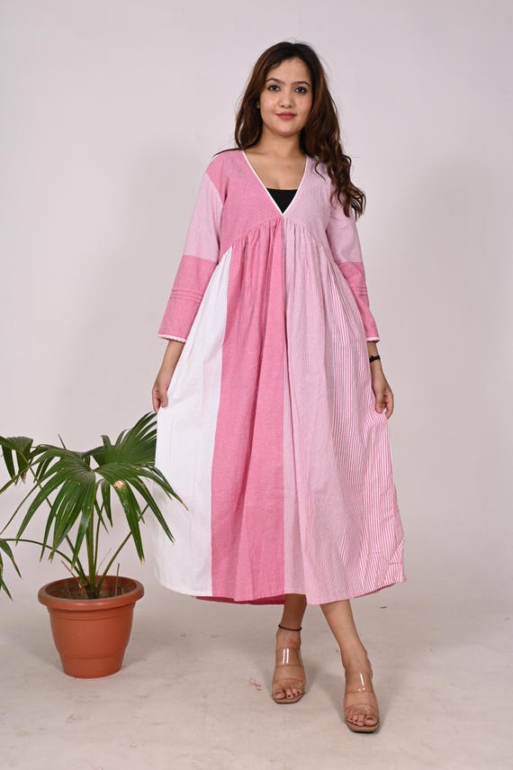Pink Cotton Handloom Dress: Boho Style Long Summer Gown Israel