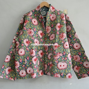 Green Floral Cotton Quilted Jacket: Handmade Block Print Overcoat