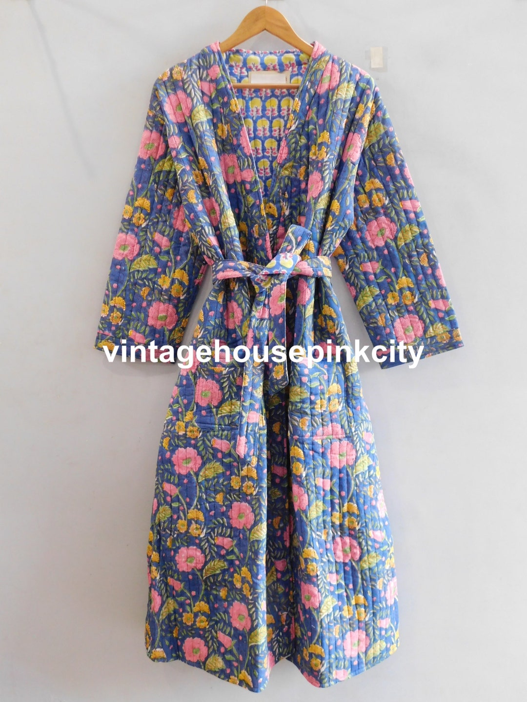 Block Print Bathrobe Quilted Nightgown Intimates Sleepwear Etsy