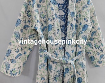 Reversible Quilted Cotton Kimono Robe: Floral Block Print, Winter Warm