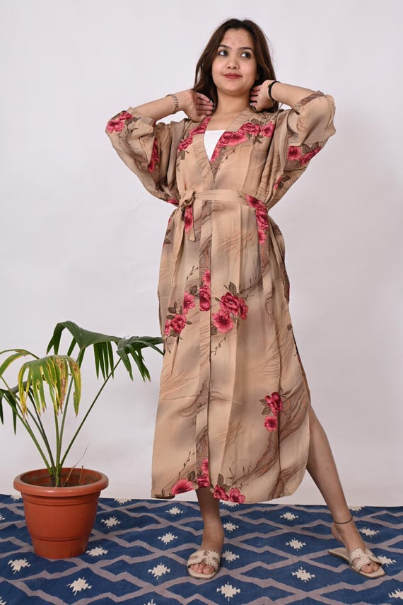 Floral Print Crepe Silk Kimono Robe: Vintage Style Long Gown