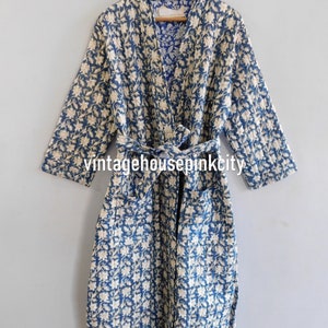 Quilted cotton kimono, hand block printed bathrobe, reversible intimates sleepwear nightgown, winter warm long jacket