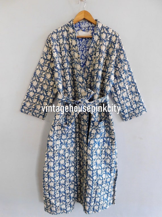 Quilted cotton kimono, hand block printed bathrobe
