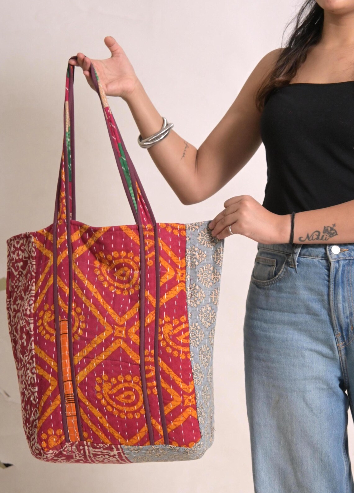 Vintage Kantha Bag Indian Tote Bag Designer Shoulder Bag Boho Grocery Bag, foto 3 di 5