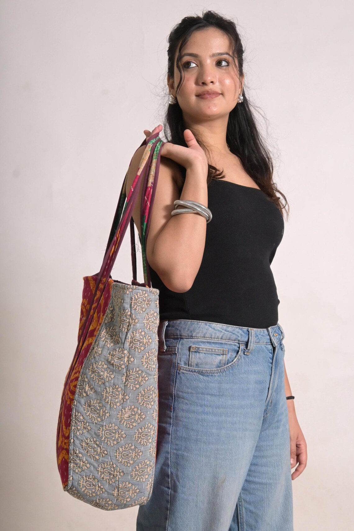 Vintage Kantha Bag Indian Tote Bag Designer Shoulder Bag Boho Grocery Bag, foto 4 di 5