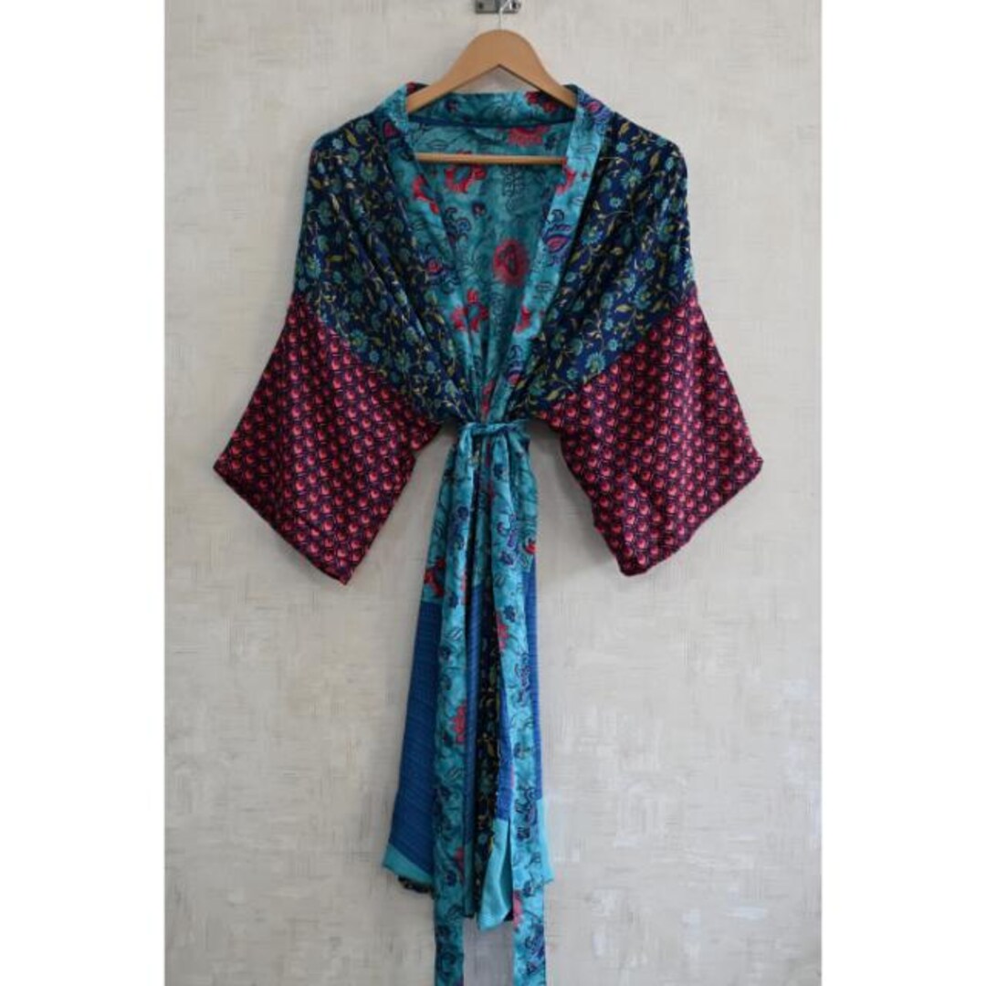 Hand Made Robe Handmade Silk Patchwork Kimono Robe Long Boho Bridal Dressing Gown ...