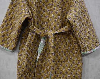 Pikowana kurtka kimono z nadrukiem w bloki bawełniane, szlafrok indyjski, ręcznie robiony, z długim rękawem