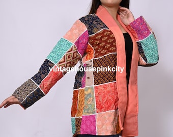 Silk Patchwork Quilted Jacket: Boho Hippie Oversize Coat