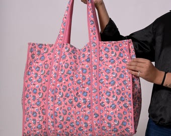 Quilted Cotton Tote Bag: Indian Block Print Shoulder Bag