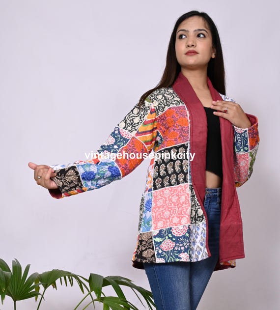 Cotton Block Print Patchwork Quilted Jacket: Boho… - image 2