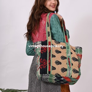 Sac kantha vintage multicolore, sac à bandoulière fait main, sac à main de sacs de transport, sac en coton bohème, sac d'épicerie fourre-tout