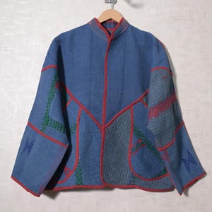 Handmade Kantha Jacket Women Blue Patchwork Jacket Boho Indian Open Front Coat