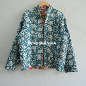 Handmade Floral Block Print Cotton Jacket: Quilted Overcoat