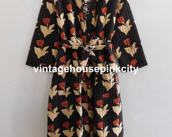 Black quilted robes, cotton bathrobe, women wear dressing gown, winter warm kimono jacket