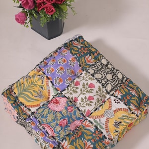 Handmade Patchwork Kantha Floor Cushion: Upcycled Cotton, Bohemian Decor