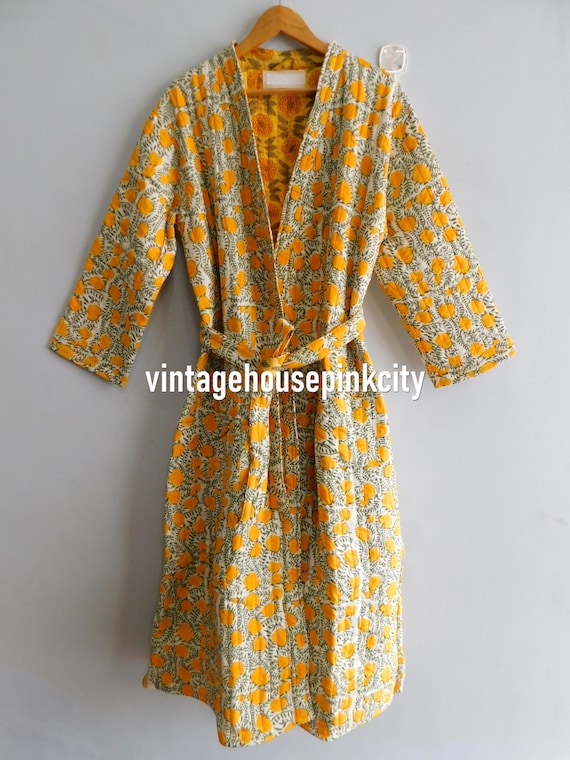 Accappatoio in cotone, vestaglia stampata a blocchi, intimo