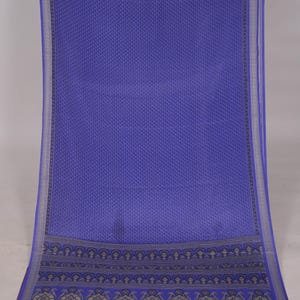 Vintage Floral Print Silk Saree - Blue Indian Art Fabric 5 Yard