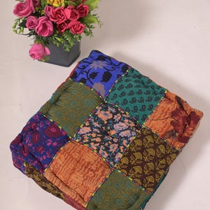 Patchwork Silk Kantha Floor Cushion: Bohemian Home Decor