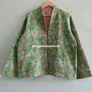 Handmade Green Floral Cotton Quilted Jacket: Block Print Short Coat