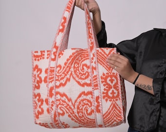 Cotton Block Print Tote Bag: Indian Handmade Quilted Shopping Bag
