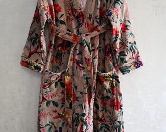 Beige Fågeltryck Kimono Lång Morgonrock Sammet Brudbadrock Dambadrock