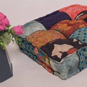 Boho Patchwork Kantha Floor Pillow Cover: Upcycled Silk, 16x16