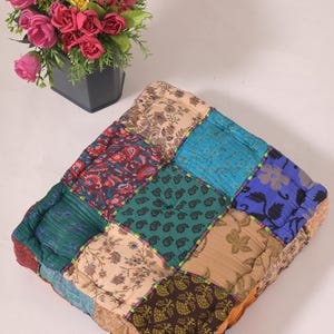 Handmade Silk Patchwork Floor Cushion: Upcycled Kantha Pillow