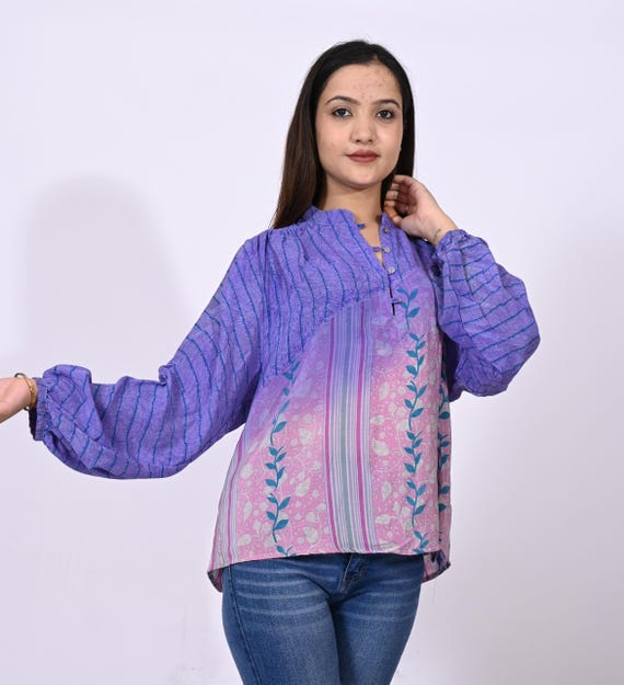 Blusa corta de seda para mujer blusa tipo sari de seda tunica india vestido corto camisas para ella top midi con estampado floral ropa de verano Kurti ropa de seda Kurti