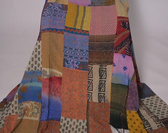 Handmade Silk Patchwork Kantha Quilt: Vintage Indian Bedspread