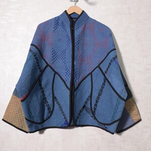 Vintage Kantha Jacket Women Blue Patchwork Coat Handmade Indian Boho Ethnic Wear Jacket