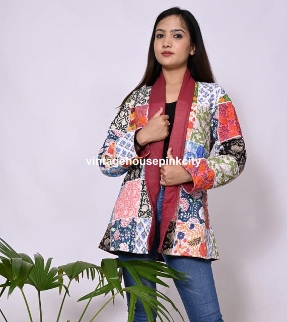 Cotton Block Print Patchwork Quilted Jacket: Boho… - image 3