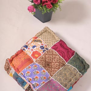 Vintage Kantha Patchwork Cushion: Handcrafted Floor Pillow, 16x16