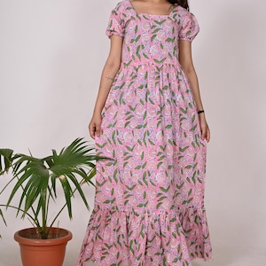 Designer Long Cotton Dress Indian Handmade Dress Short Puff Sleeve Long Block Print Dress Flower Print Dress Boho Women Dress