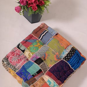 Silk Patchwork Kantha Floor Cushion: Handcrafted Bohemian Pillow