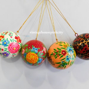 Hand Painted Paper Mache Christmas Balls: Floral Ornament Set