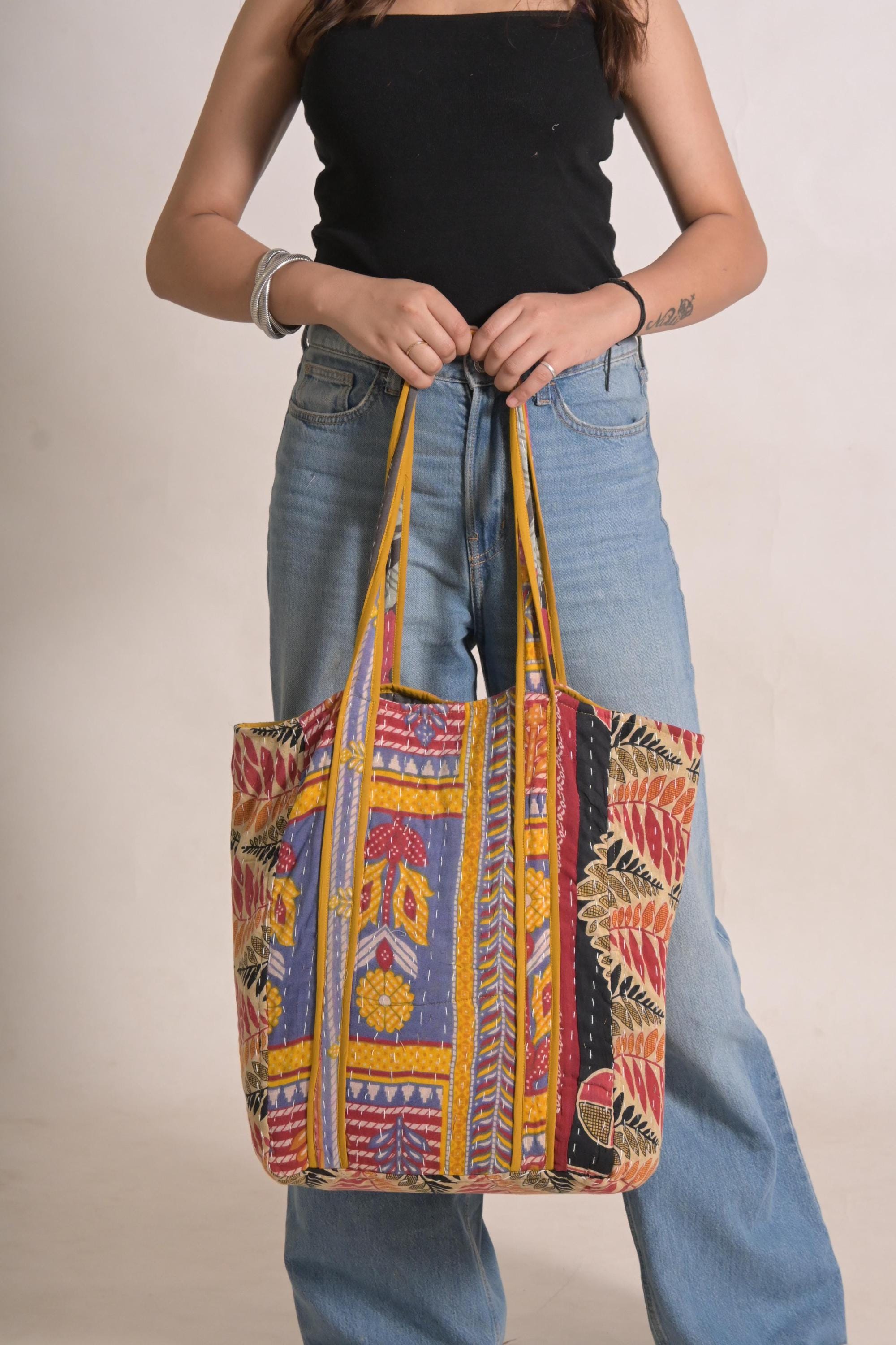 Vintage Indian Kantha Cotton Tote Bag Handmade Boho Market, Reusable Grocery Bag