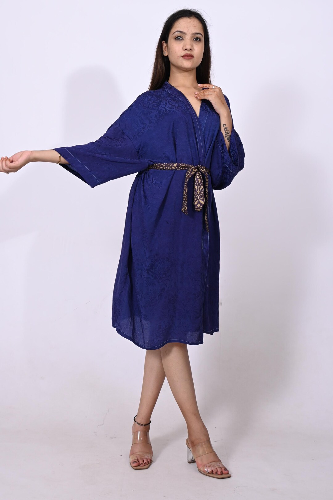 Blue Silk Kimono Robe: Vintage Sari Short Dressing Gown - Etsy