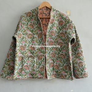 Handmade Floral Printed Cotton Jacket: Indian Quilted Short Coat