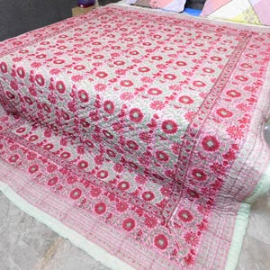 Handmade Jaipuri Cotton Quilt: Reversible Floral Block Print Bedspread