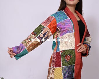 Handmade Silk Patchwork Quilted Coat: Vintage Saree Jacket