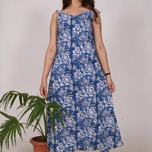 Blue Floral Cotton Dress: Indian Block Print, Sleeveless Summer Dress