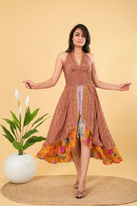 Boho Silk Tunic Dress: Vintage Style Ankle Length Cocktail Dress