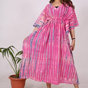 Tie Dye Cotton Kaftan Dress: Indian Block Print Beach Cover-Up