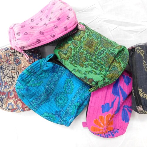 Vintage silk cosmetic shops bags, indian handmade vintage silk sari make up bag, silk toilet bag, hand carry cosmetic clutch 10 pcs wholesale lot