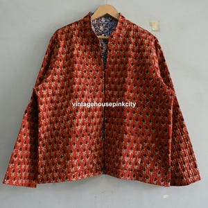 Handmade Quilted Cotton Jacket: Boho Bagru Print Vest Coat